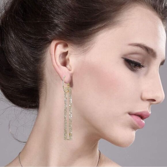 14K Yellow Gold with White Diamond Crystal Geometric Rectangle Post Earrings - Picture 3 of 5